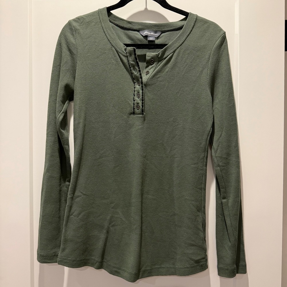Gorpcore Eddie Bauer Olive Green Waffle Thermal Henley Top M Long Sleeve